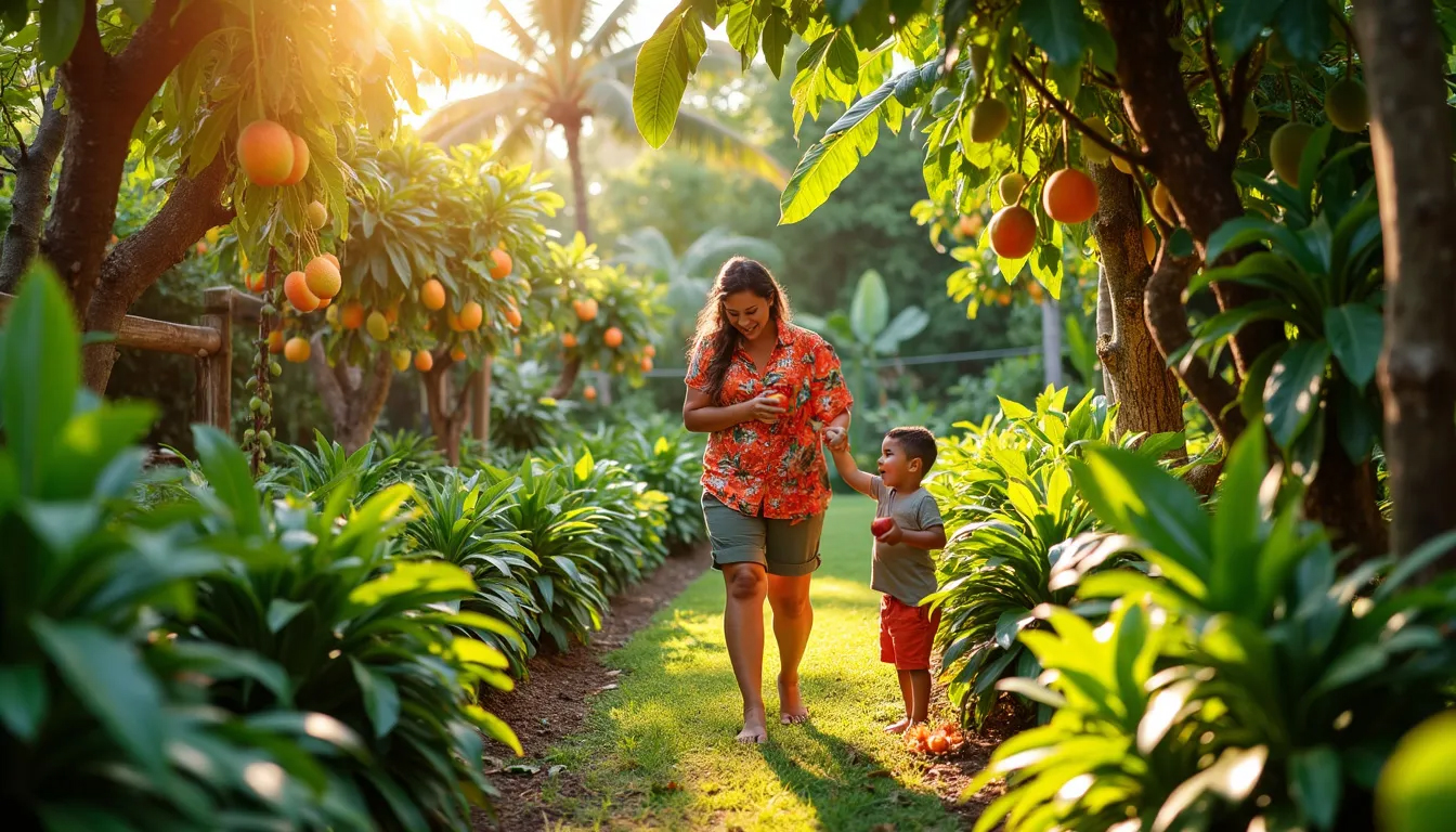 Hawaiian mother and son enjoying fresh tropical fruits in a lush backyard orchard