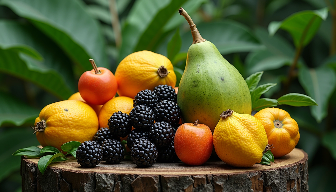 Assorted tropical fruits from edible trees and plants including blackberries, guava, and papaya displayed on a wooden surface.