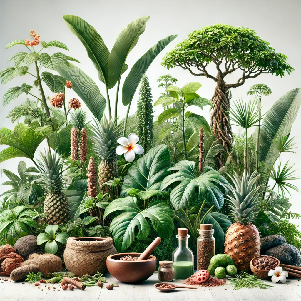 Hawaiian Medicinal and Cultural Plants, including Kava, Noni, and traditional herbs, depicted in a hyper-realistic tropical landscape.