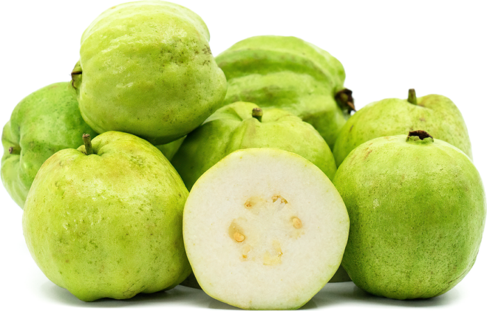 Fresh Taiwan White Pearl Guava fruits, showcasing their juicy, seedless white pulp.