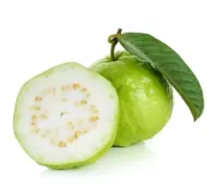 Sliced Taiwan White Pearl Guava revealing the white flesh and almost seedless core.